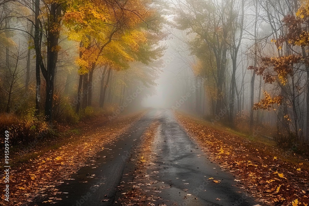 Obraz premium Wet asphalt road with colorful autumn leaves disappearing into the fog in a forest