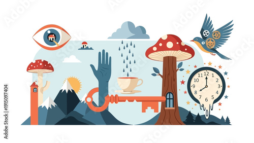 Surreal Dreamscape with Melting Clock, Flying Bird, and Mystical Elements.