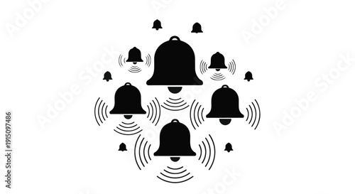 Notification bells ringing alarm sound waves icons set, notification alert symbols, communication signals, modern technology concept