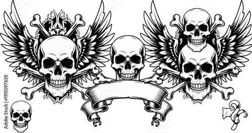 Monochrome vector illustration featuring three detailed human skulls with feathered wings, crossed bones, and a blank scroll banner, isolated on transparent background.