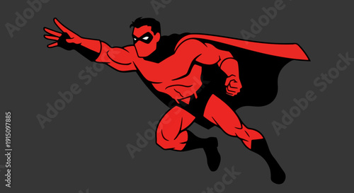 Dynamic vector illustration of a muscular masked superhero in a red suit and black cape flying forward with one arm extended, isolated on a dark gray background.