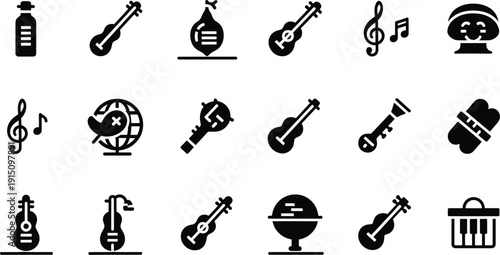 Musical instrument icons and musical symbols. Vintage gramophone, a microphone, an acoustic guitar, a saxophone, and a drum set, musical note. 