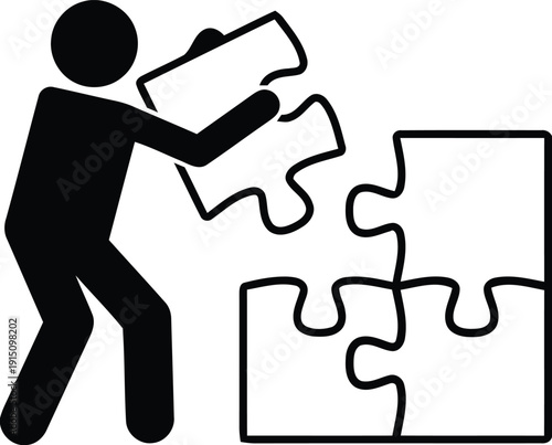 Person solving jigsaw puzzle piece pictogram silhouette icon