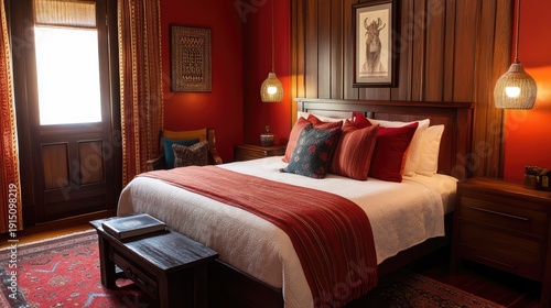 A fresh and stylish bedroom with a queen-size bed, deep red tones, and smooth wooden details, blending contemporary and cozy elements.