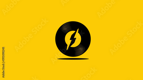A black vinyl record with a yellow lightning bolt, and a shadow over a solid yellow background