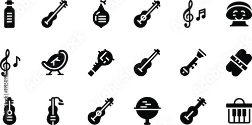 Musical instrument icons and musical symbols. Vintage gramophone, a microphone, an acoustic guitar, a saxophone, and a drum set, musical note. 