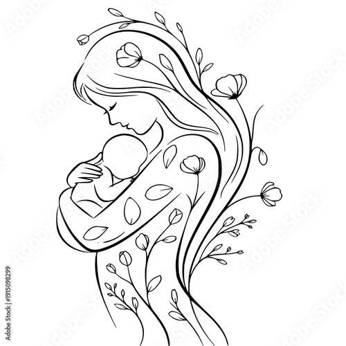 Mother and child illustration with floral elements symbolizing maternal love and nurturing bond between mother and baby perfectly capturing the essence of motherhood and love with tenderness and care.