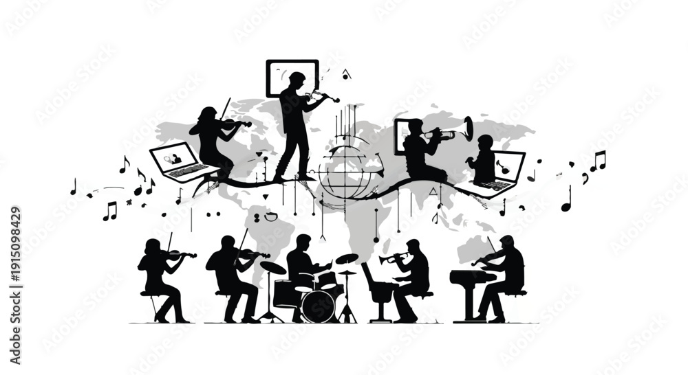 Obraz premium Musician band silhouettes playing instruments with creative inspiration flowing from connected devices and screens in modern artistic scene