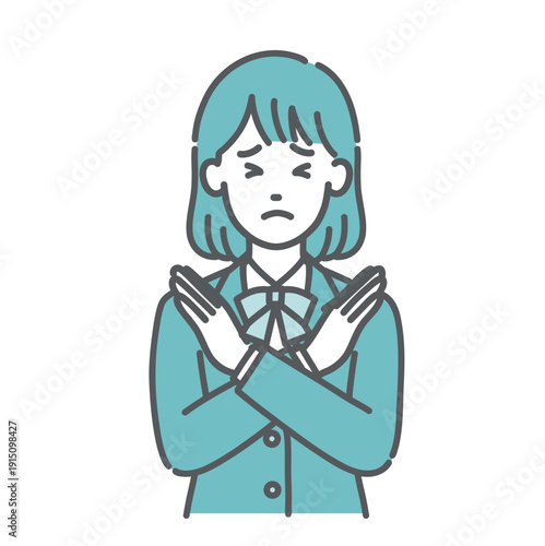 NGサインを出す・拒否するティーン女性・女子学生のイラスト（バツ印・制服・上半身）