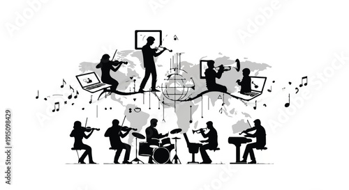 Musician band silhouettes playing instruments with creative inspiration flowing from connected devices and screens in modern artistic scene