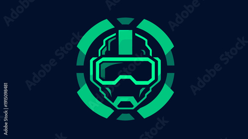 A stylized illustration of a futuristic helmet with integrated goggles, set against a dark blue backdrop