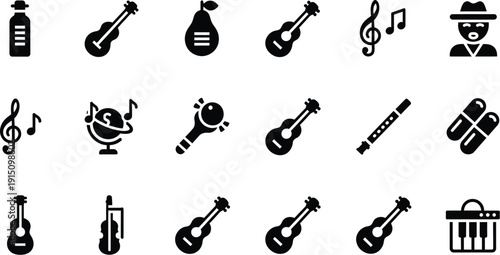 Musical instrument icons and musical symbols. Vintage gramophone, a microphone, an acoustic guitar, a saxophone, and a drum set, musical note. 