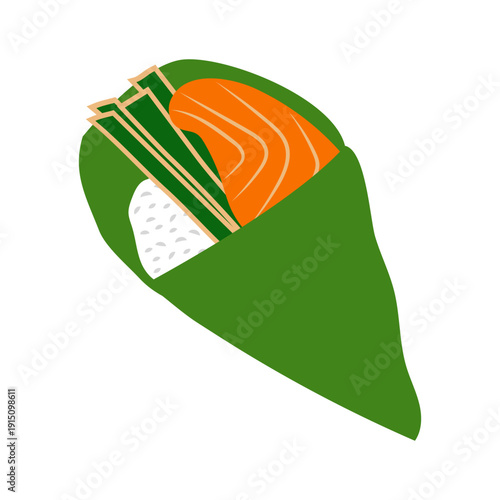 Fresh Temaki Sushi Hand Roll Icon with Salmon and Vegetables