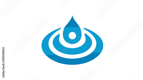 A stylized blue water droplet with concentric rings on a white background, minimal design