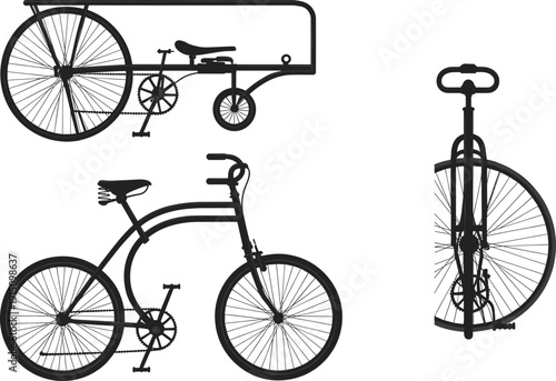 Bicycle trailer silhouette set, cargo bike outline collection, vintage cycling transport icons, minimalist black shapes, isolated on white background design