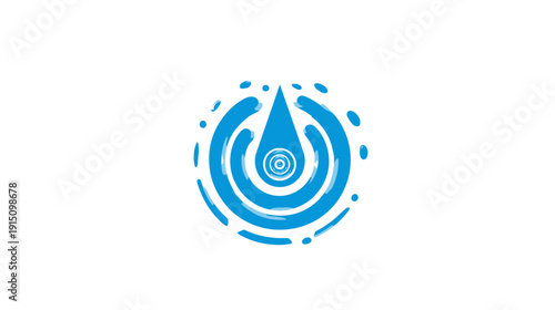 A stylized blue droplet with concentric circles inside, surrounded by a splash effect on a white background