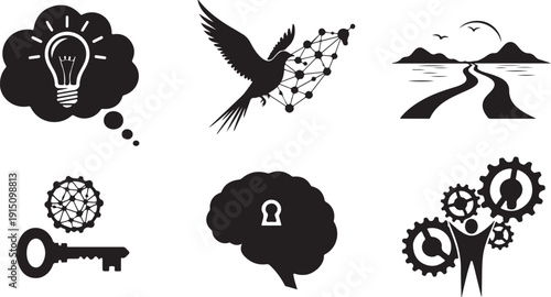Creative thinking and innovation concept icons in black and white