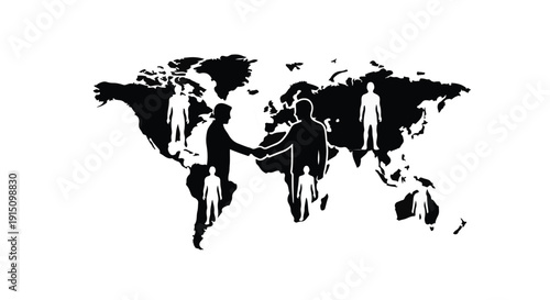 Global business people connecting on world map, international teamwork and partnership concept, modern silhouette illustration
