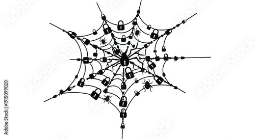 Intricate spider web with multiple padlocks on white background, symbolizing security, protection, and confinement in a minimalist black and white illustration