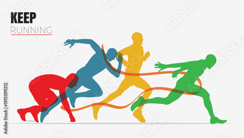 man running silhouette, Runner athlete of sprinters in various running phases, from start to finish, depicted in vibrant colors. Motivational theme. Ideal for sports posters or marathon event