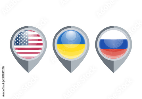 USA, Ukraine and Russia flag map pins isolated on white background. Glossy location marker icons for geopolitics, travel, navigation, and international news design.
