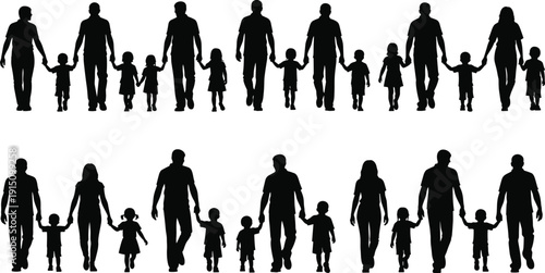 Silhouettes of Diverse Families and Single Parents Holding Hands with Children in Rows for Fatherhood Parenting and Childhood Development Concepts