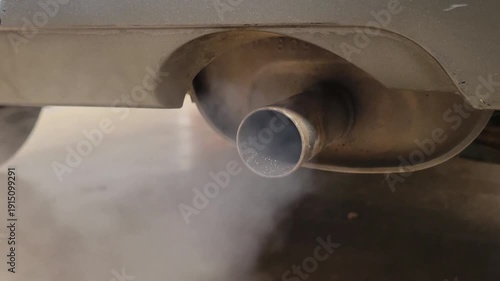 Smoke emissions from car exhaust. Close-up combustion fumes coming out of car exhaust pipe which strongly of white smoke.