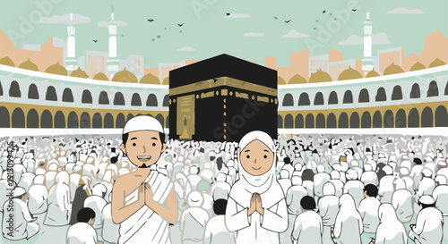 Pilgrims gathered around the Kaaba during Hajj in Mecca, Islamic holy cityscape illustration