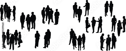 Business people silhouettes collection, standing walking and talking groups, corporate teamwork and social interaction icons isolated on white background