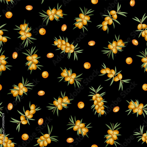 Yellow sea buckthorn berries on a black background.Vector pattern with sea buckthorn berries on a black background.
