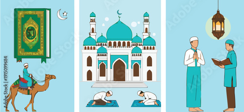 Illustration of Islamic culture and traditions depicting prayer, mosque, and pilgrimage scenes with people and camels in a serene environment