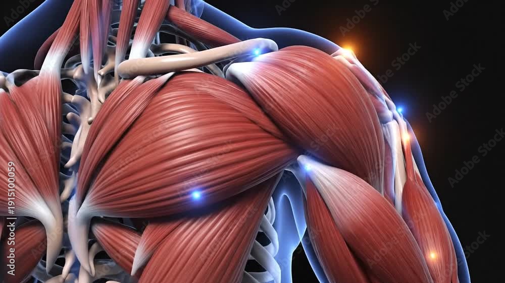 Human Particulation Detailed anatomical illustration of the human shoulder muscles and ...