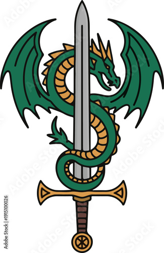 Green Dragon Wrapped Around a Sword, Fantasy Vector Illustration