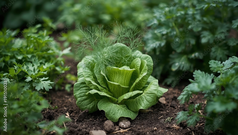 Naklejka premium Fresh young lettuce with aromatic dill in an eco-friendly home garden. Sustainable vegetable space. Organic lactuca sativa. Annual green plant from the daisy family, asteraceae