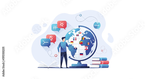 Global Communication and Language Learning concept illustration with people and globe