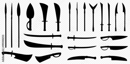 Collection of various ancient and medieval weapon silhouettes, including swords, spears, and daggers, isolated on a transparent background.