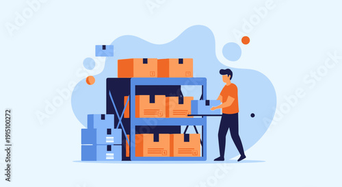 Warehouse worker organizing stacked boxes on shelves, logistics and delivery