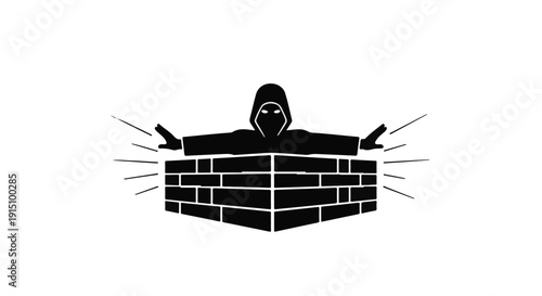 Hacker in hoodie breaking through brick wall with hands, cybersecurity concept, computer crime, illustration