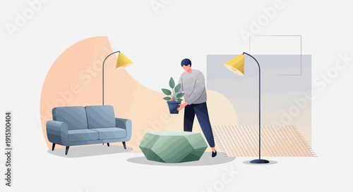 Man tending to a houseplant in a modern living room with sofa and lamps