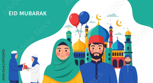 Celebrating Eid with family and friends in a vibrant cultural festival at a mosque