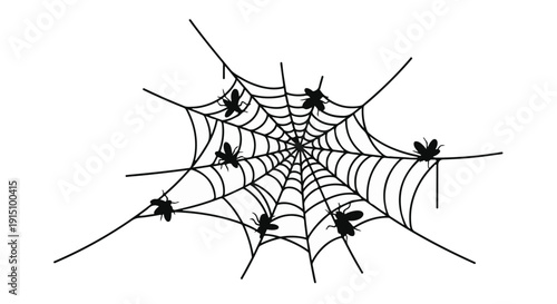 Intricate spider web with trapped flies, creepy crawly insect habitat, eerie natural scene, wildlife, macro closeup