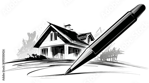 Stylized black and white drawing featuring a house being sketched by a pen