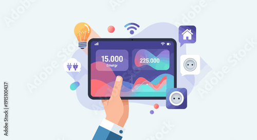 Smart Home Technology and Energy Efficiency Dashboard on Tablet