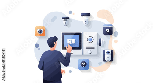 Smart Home Security System Setup with a Person Interacting with a Screen