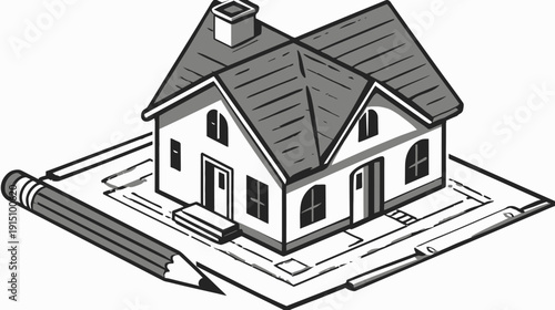Isometric black and white illustration of a house with a blueprint and a pencil