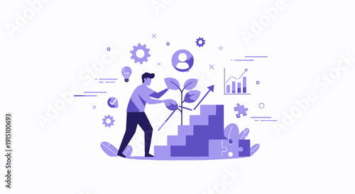Growing Business Graph Staircase Person Plant Investment Strategy Growth