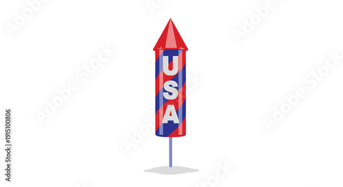 Vector illustration of a red, white, and blue rocket sign with USA text on a pole, isolated on transparent background