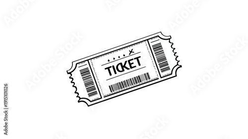 A black and white illustration of a ticket, featuring a barcode and the word "TICKET