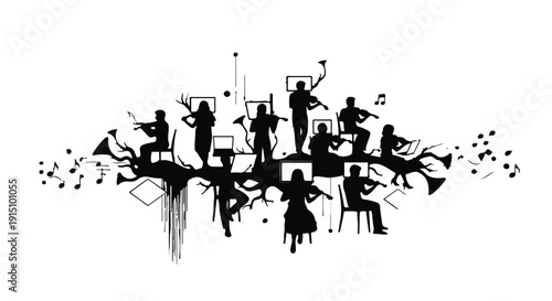 Music band orchestra musicians playing instruments together in harmony with notes and symbols, musical performance concept in black silhouette on white background