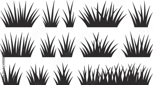 Grass silhouette collection, wild meadow vegetation elements set, natural lawn and bush shapes, black grass isolated on white background